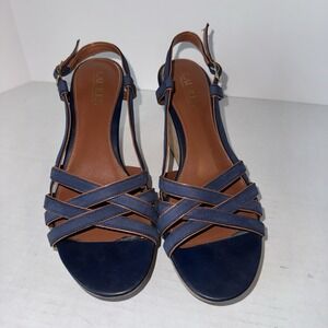 Lauren Ralph Quaylin Navy‎ Leather Strappy Womens Cork Wedge Sandals Sz 9.5 B